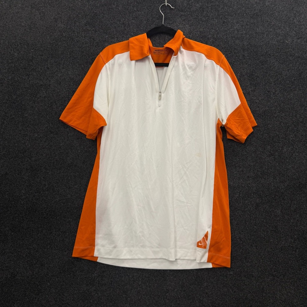 Nike Golf Mens Dri-FIT Quarter Zip Polo Shirt White Orange Colorblock Large